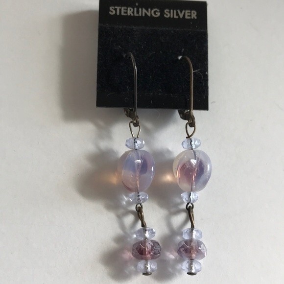 Vintage Handmade Purple Glass Beads Sterling Silver Lever Back Dangle Earrings - Picture 5 of 6
